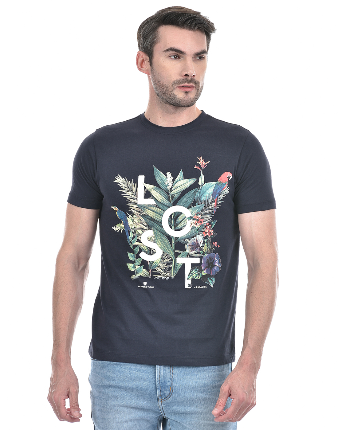Numero Uno Men Tropical Print Blue T-Shirt